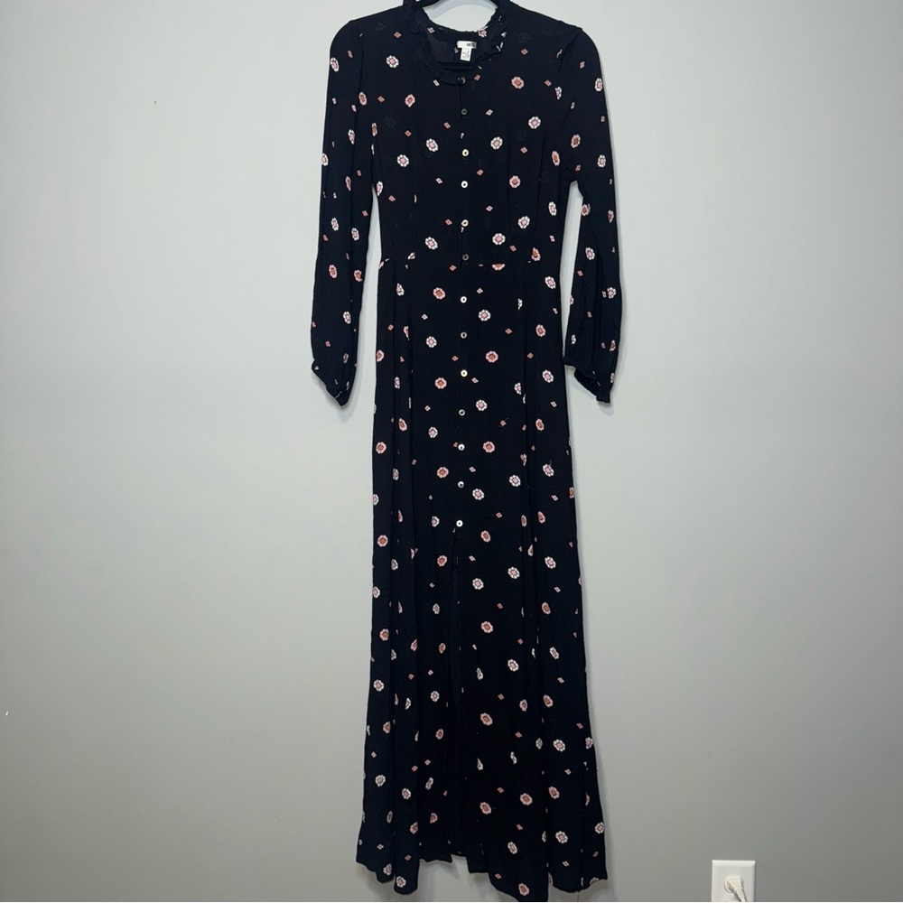 Amuse Society Black Floral Button Front Maxi Dress Ruffle Collar Long Sleeve S